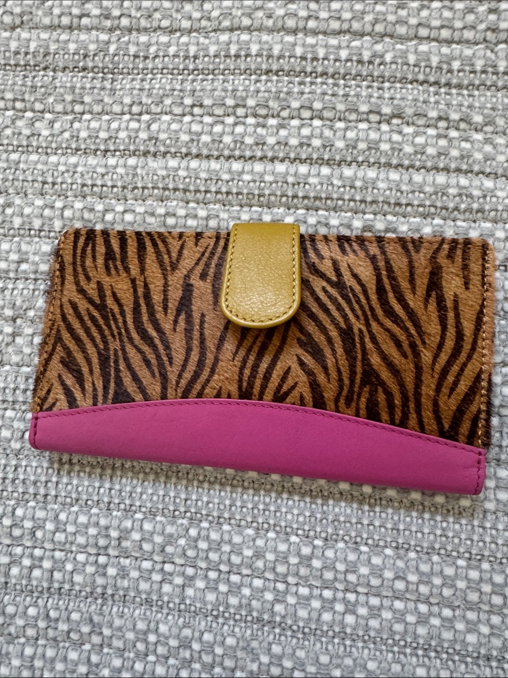 Zebra-Print Trifold Wallet with Pink and Mustard Accents